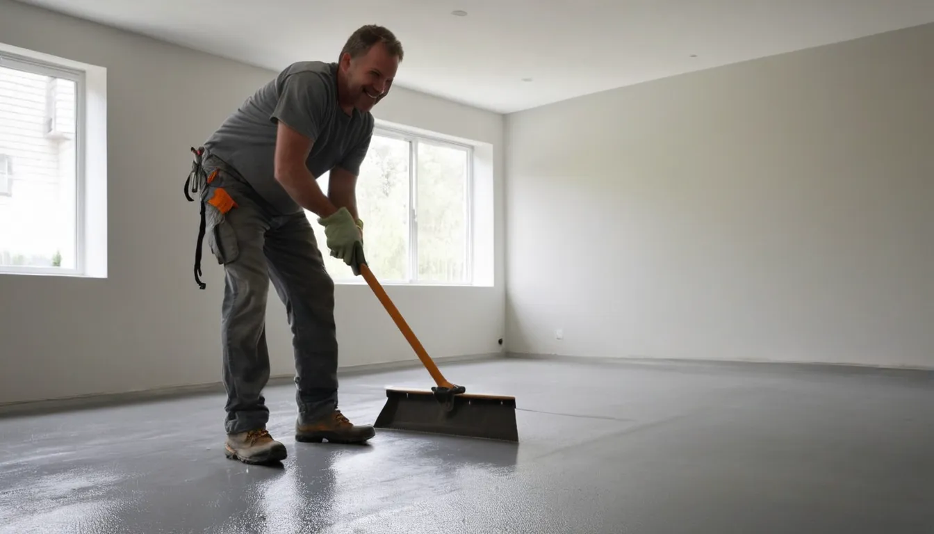 Provider applying a smooth gray coating to a clean concrete floor in a Elgin home