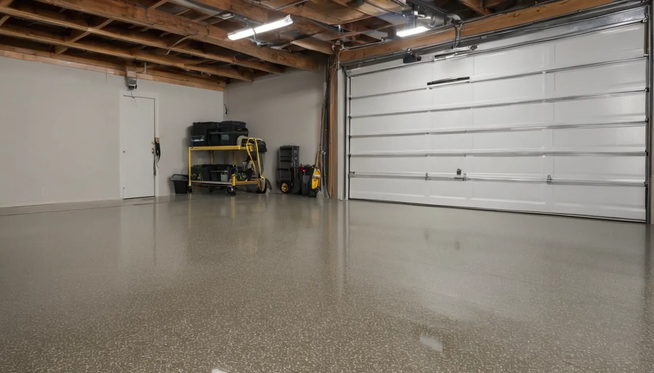 Freshly coated polyaspartic garage floor with a gray flake blend in a home near Elgin